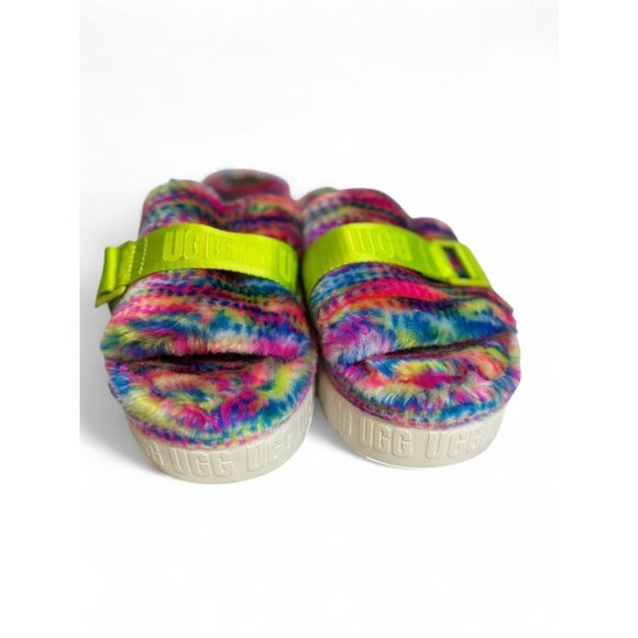 UGG Women's Fluffita Pixelate Slippers Size: 8 Tie-Dye Neon Platform Slide Fuzzy - Picture 3 of 6